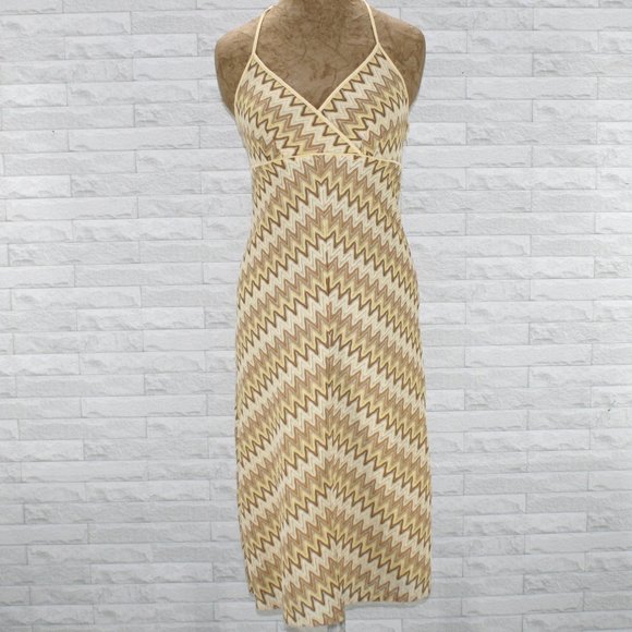 ANN TAYLOR LOFT Dress Halter Chevron Netutral Tan Yellow Midi Boho Feminine 4 - Picture 1 of 14